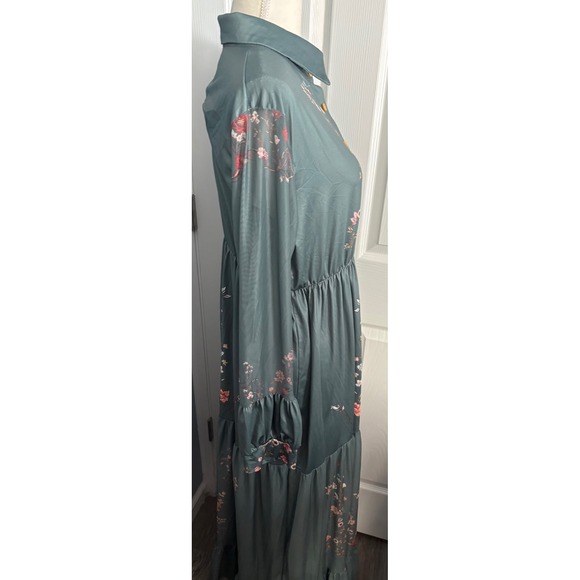 Vintage Floral Maxi Dress Long Sleeve Collared Button Up Teal Green Tier Ruffle - Picture 4 of 10